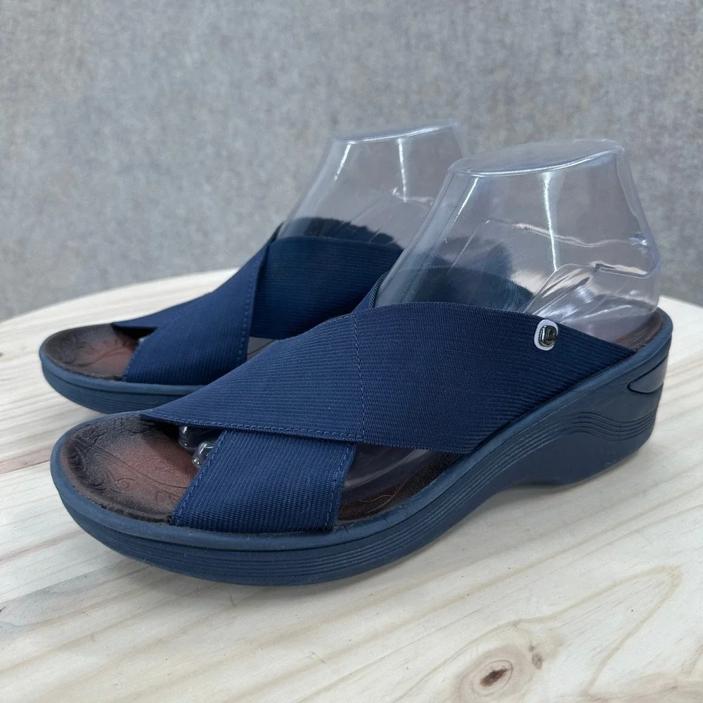 Bzees Desire Navy Blue Stretch Fabric Cross Strap Wedge Sandals 9.5 Slip On Shoe